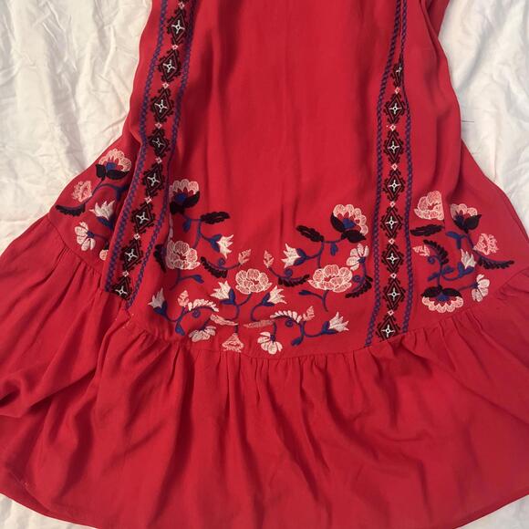 Boho Red Embroidered Floral Sleeveless Drop Waist Mini Dress L Festival Cottage - Picture 2 of 6